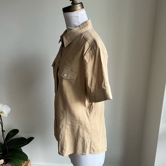THEORY WOMENS SHORT SLEEVE BUTTON DOWN LINNEN SPANDEX KHAKI LARGE - Picture 3 of 6